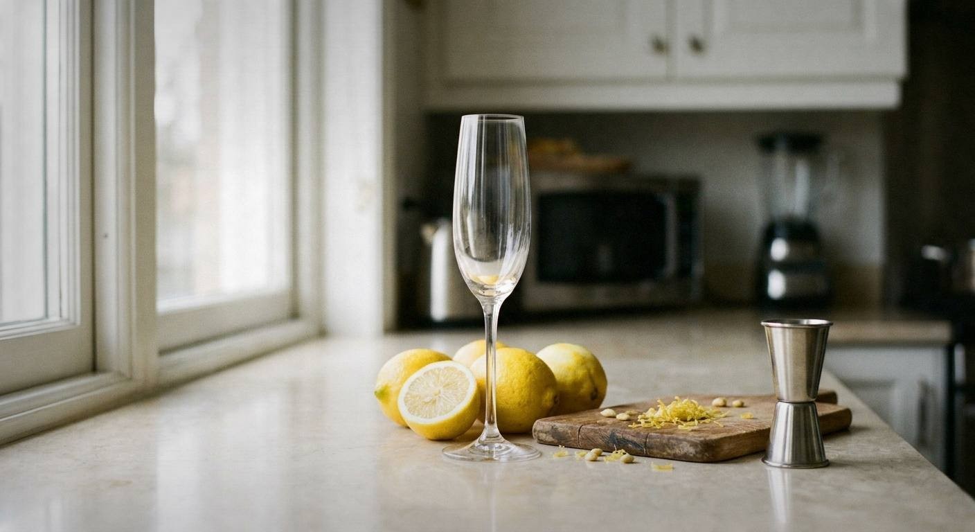 St-Germain elderflower liqueur bottle beside a cocktail shaker with fresh lemons and a coupe glass on a bright surface, Hendrick's gin bottle in the background