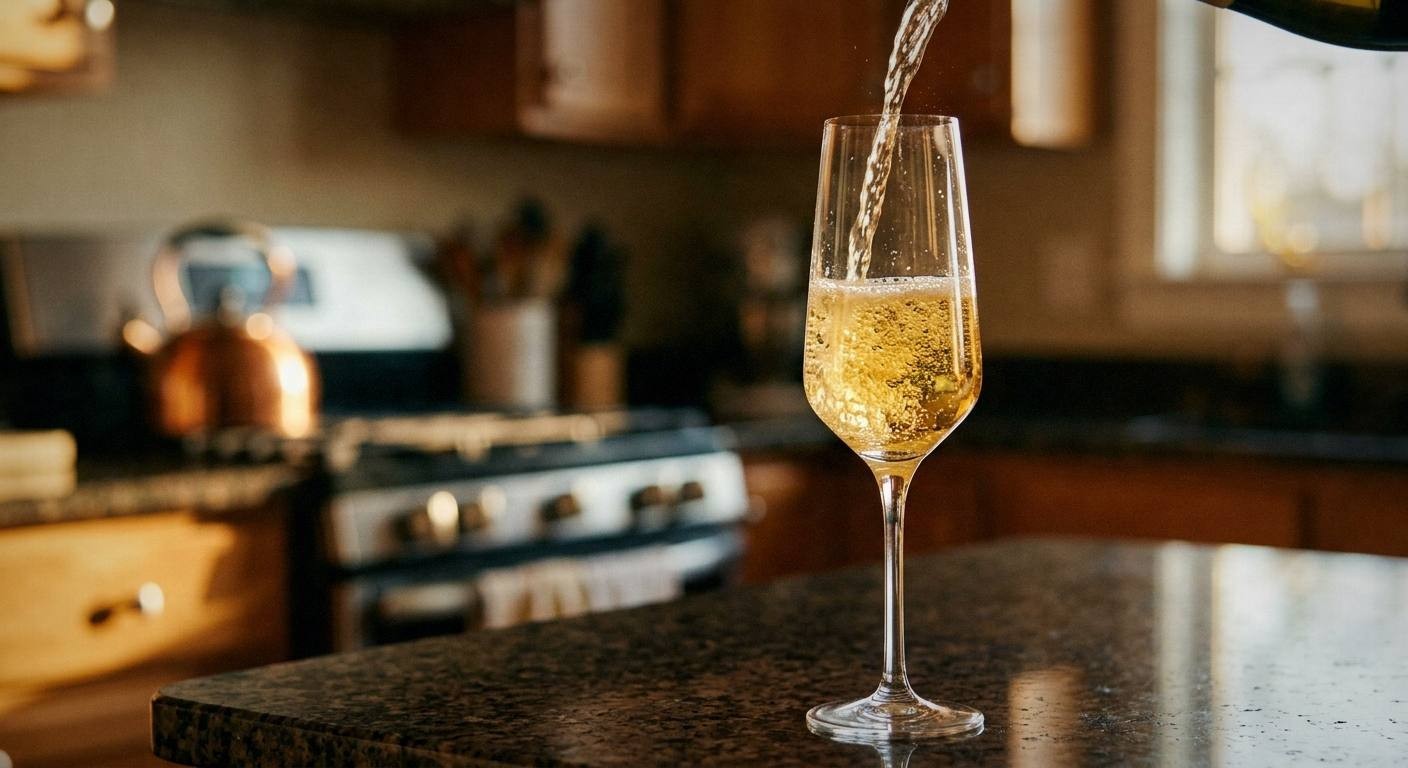 St-Germain elderflower French 75 cocktail in a crystal coupe glass with Champagne bubbles rising and a lemon twist garnish, elegant setting with soft natural light