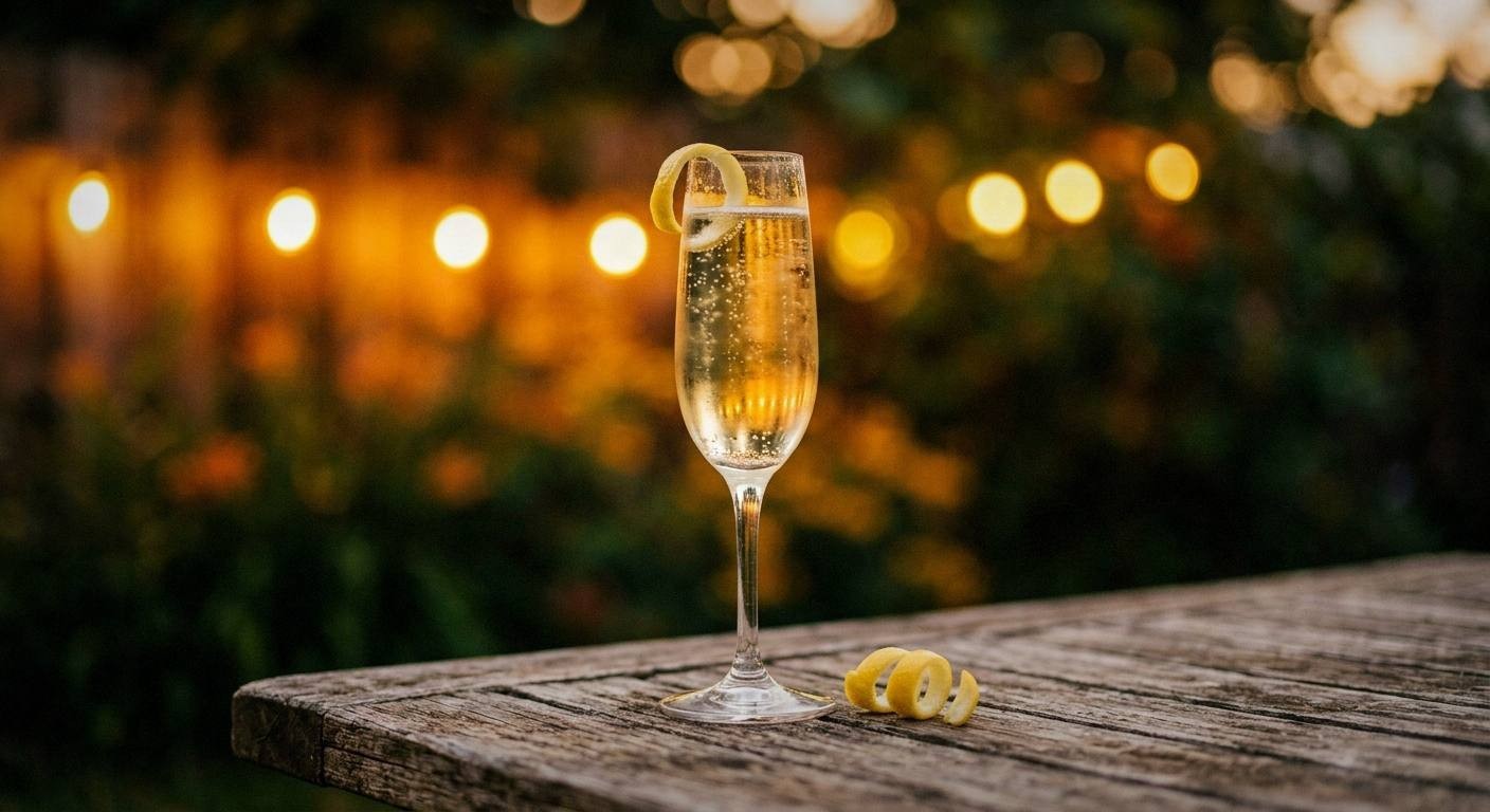 Two St-Germain elderflower French 75 cocktails in coupe glasses with Champagne bubbles, St-Germain bottle and fresh lemons on an elegant bright surface