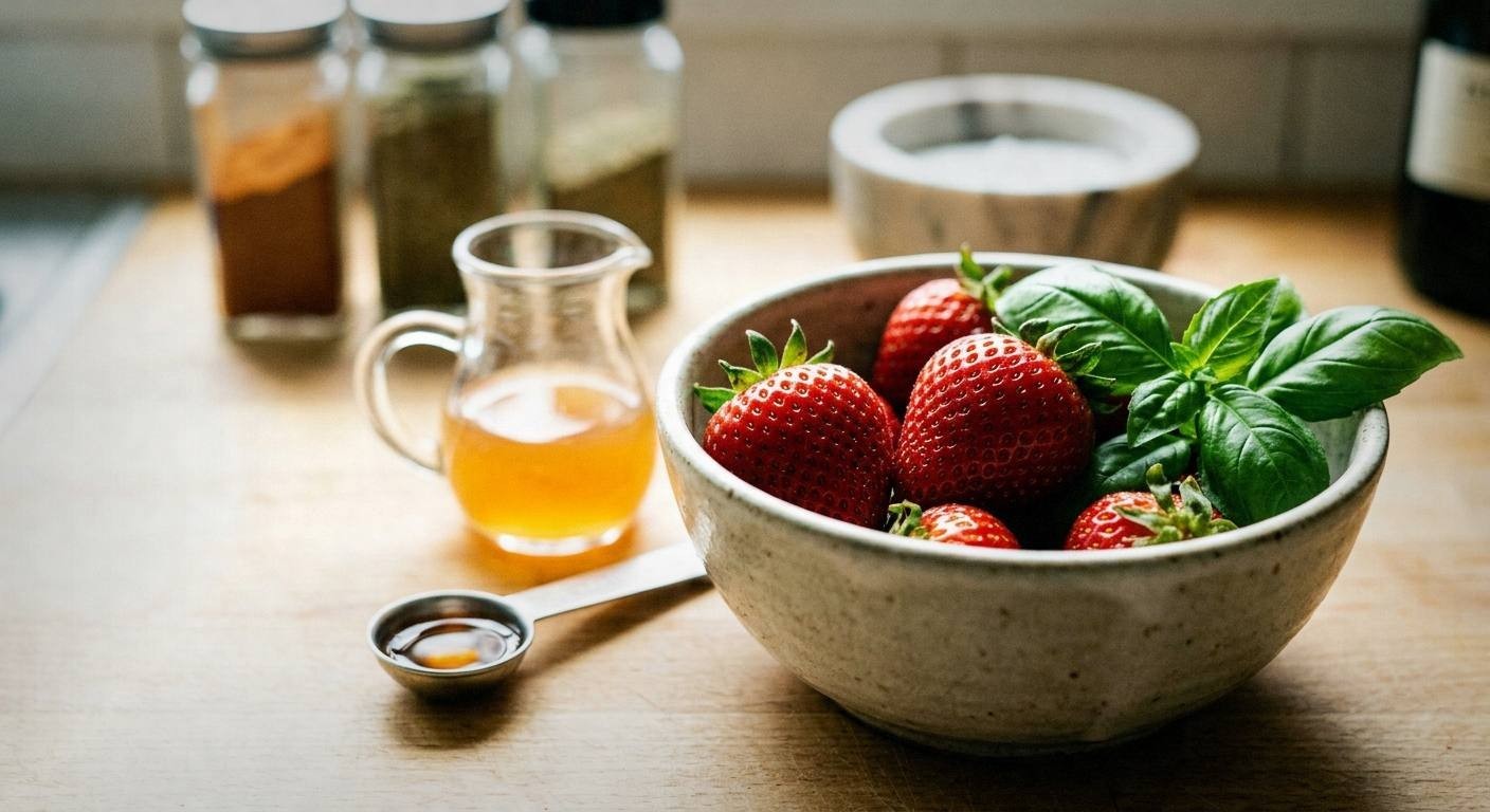 Fresh quartered strawberries layered with sugar and torn basil leaves in a glass jar, bright red juice beginning to pool at the bottom