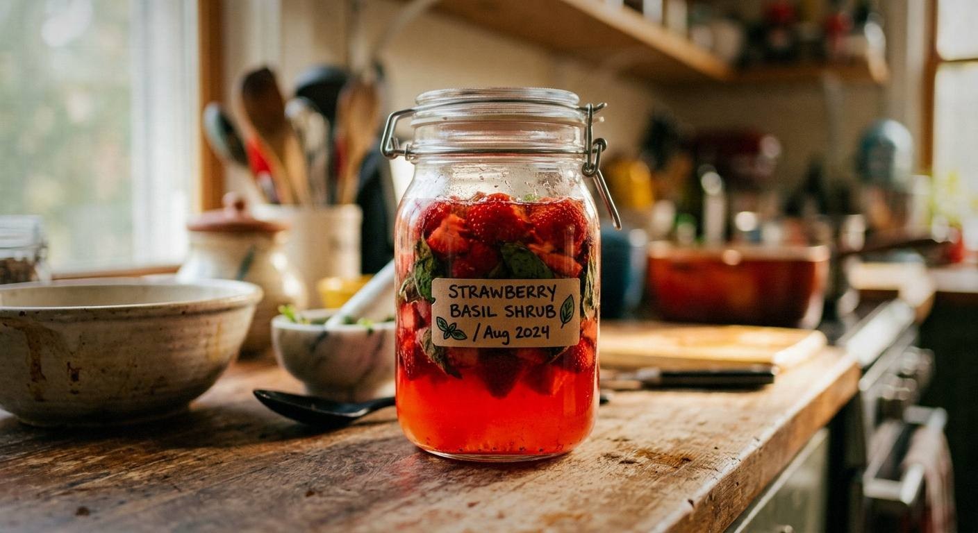 Ruby red strawberry basil shrub in a glass bottle next to a glass of sparkling water with the shrub mixed in, showing a pink effervescent drink with ice