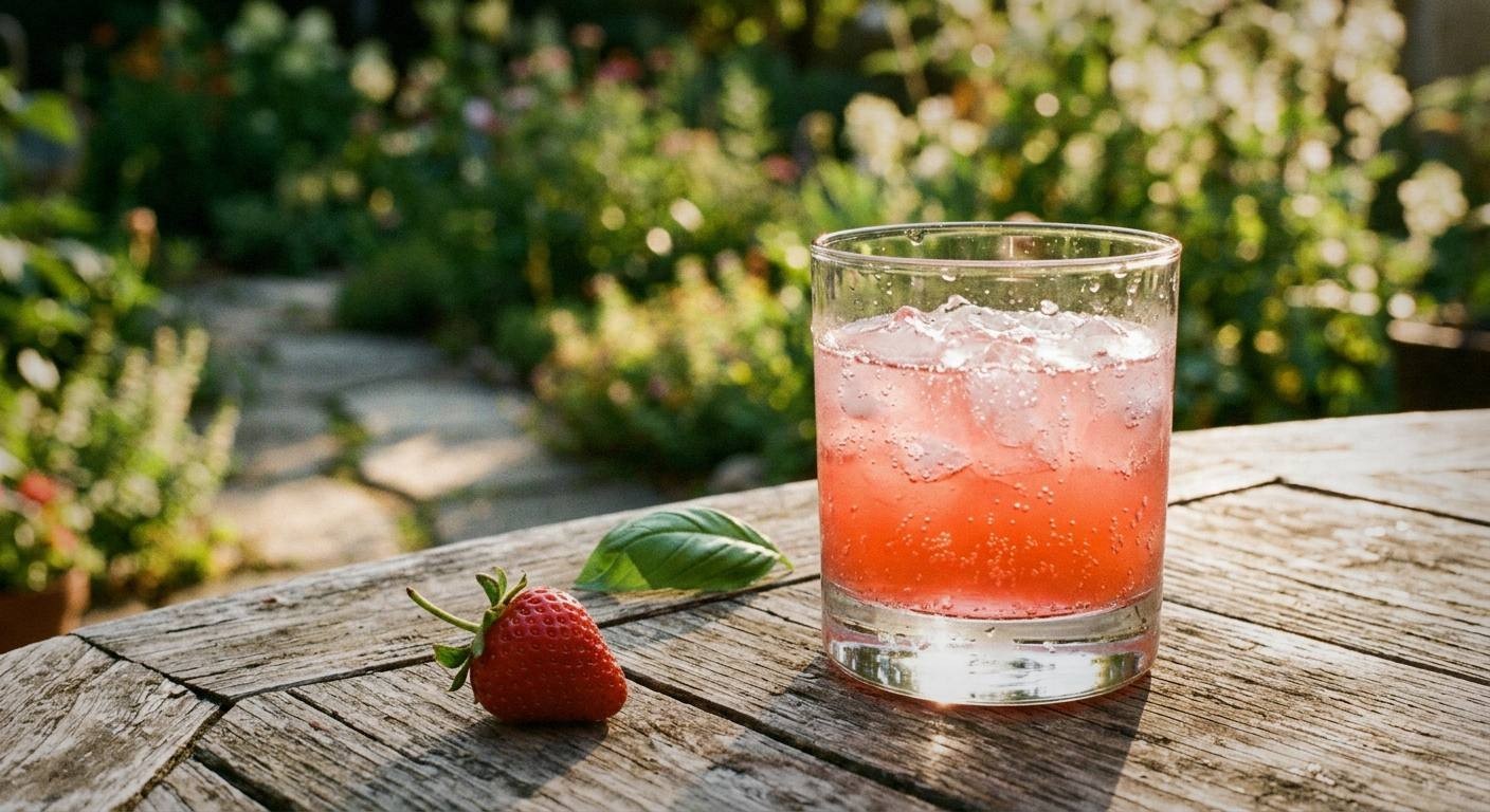 Three small glasses of drinks made with strawberry basil shrub showing different colors from pink to deep red, fresh strawberries and basil leaves on a bright surface