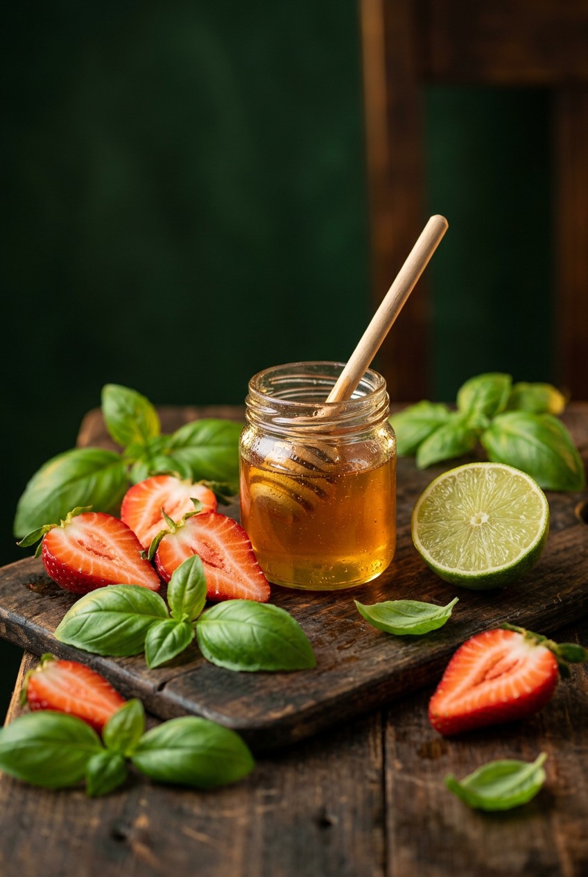 Fresh strawberries and basil leaves on wooden cutting board with honey jar and lime for spring mocktail recipe