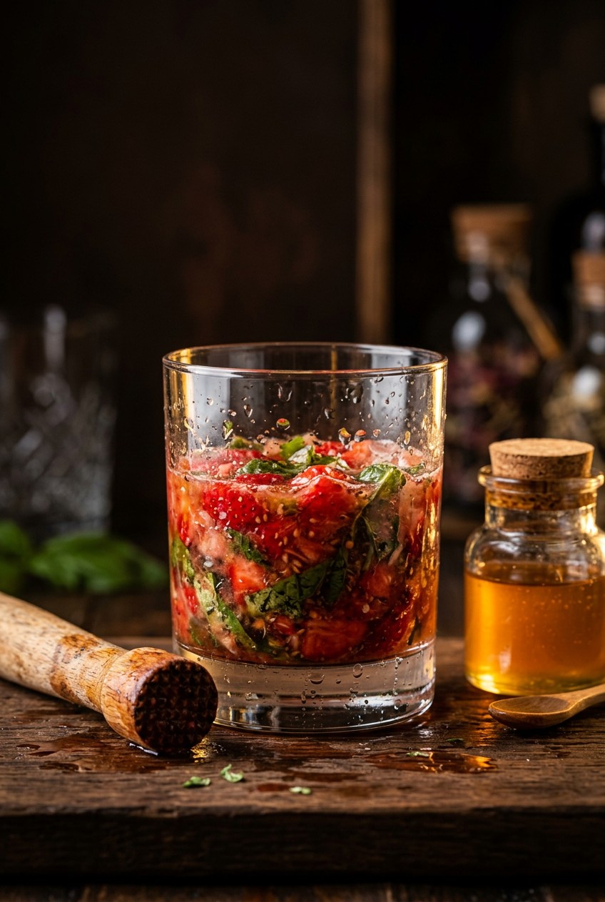 Muddling fresh strawberries and basil leaves in glass for honey lime mocktail
