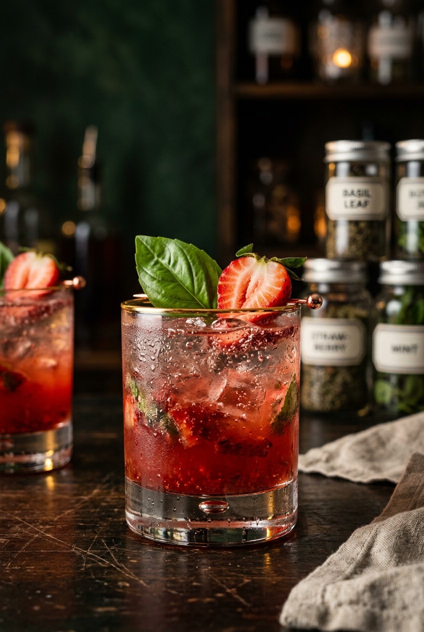 Finished strawberry basil honey lime mocktail in glass with ice, garnished with fresh basil and strawberry slice