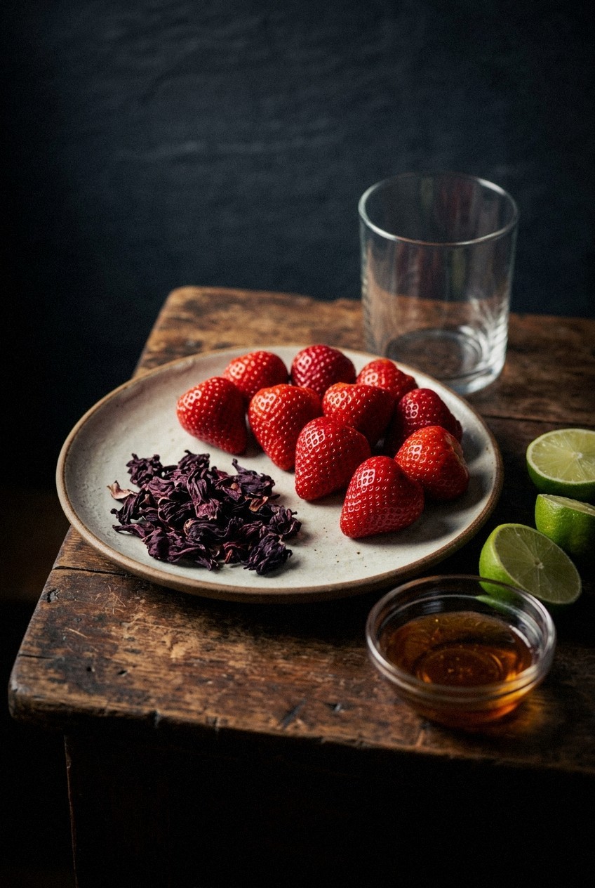 Fresh strawberries and dried hibiscus flowers on marble counter with lime and agave for strawberry hibiscus agua fresca mocktail recipe