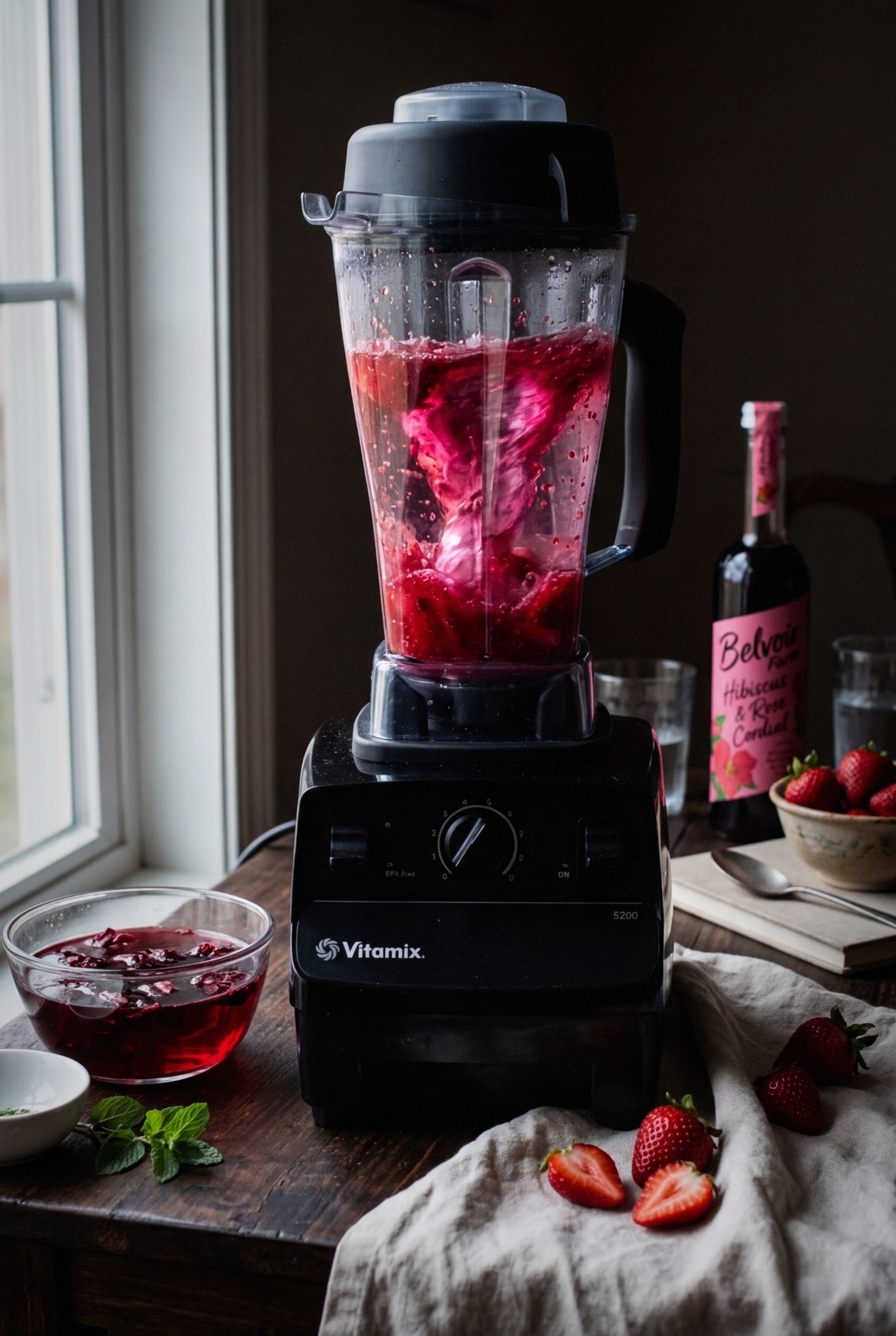 Blending fresh strawberries with hibiscus tea in high-speed blender for strawberry agua fresca hydration drink
