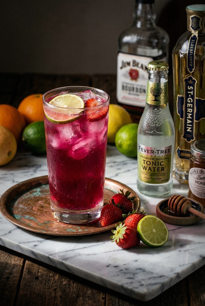 Tall glass of bright pink strawberry hibiscus agua fresca with ice and fresh strawberry garnish on outdoor table in spring sunlight