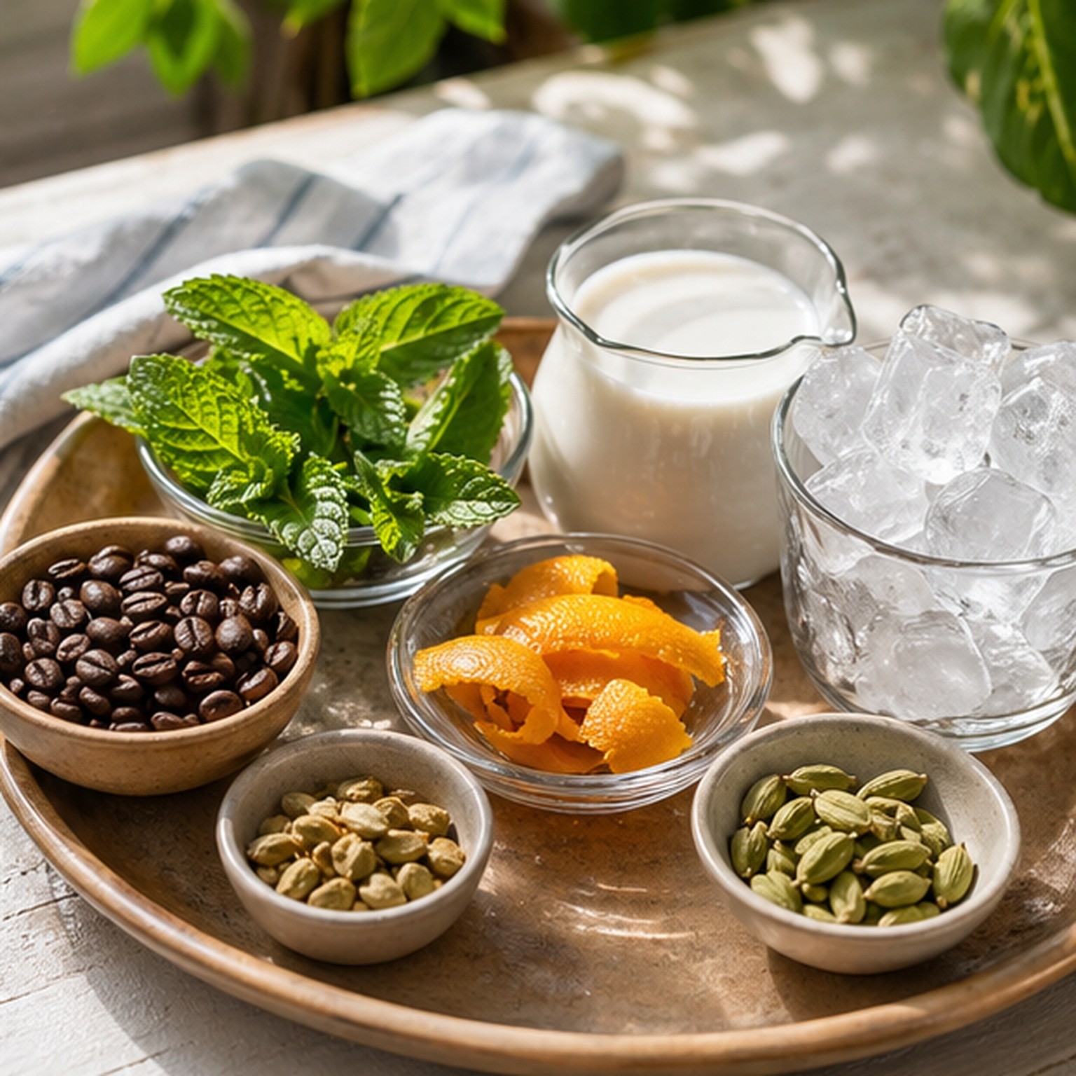Cold brew coffee, lavender, mint, orange peel, and coconut milk on a bright summer table
