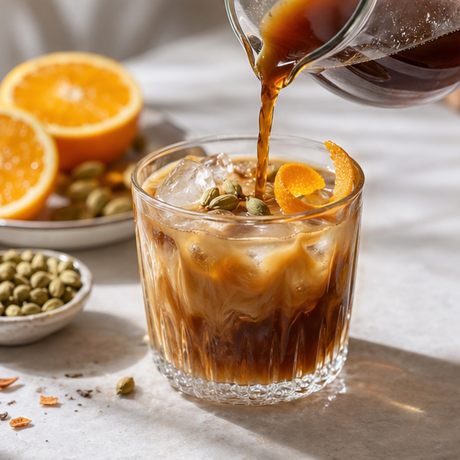 Iced coffee with orange peel and cardamom beside a small bowl of spices