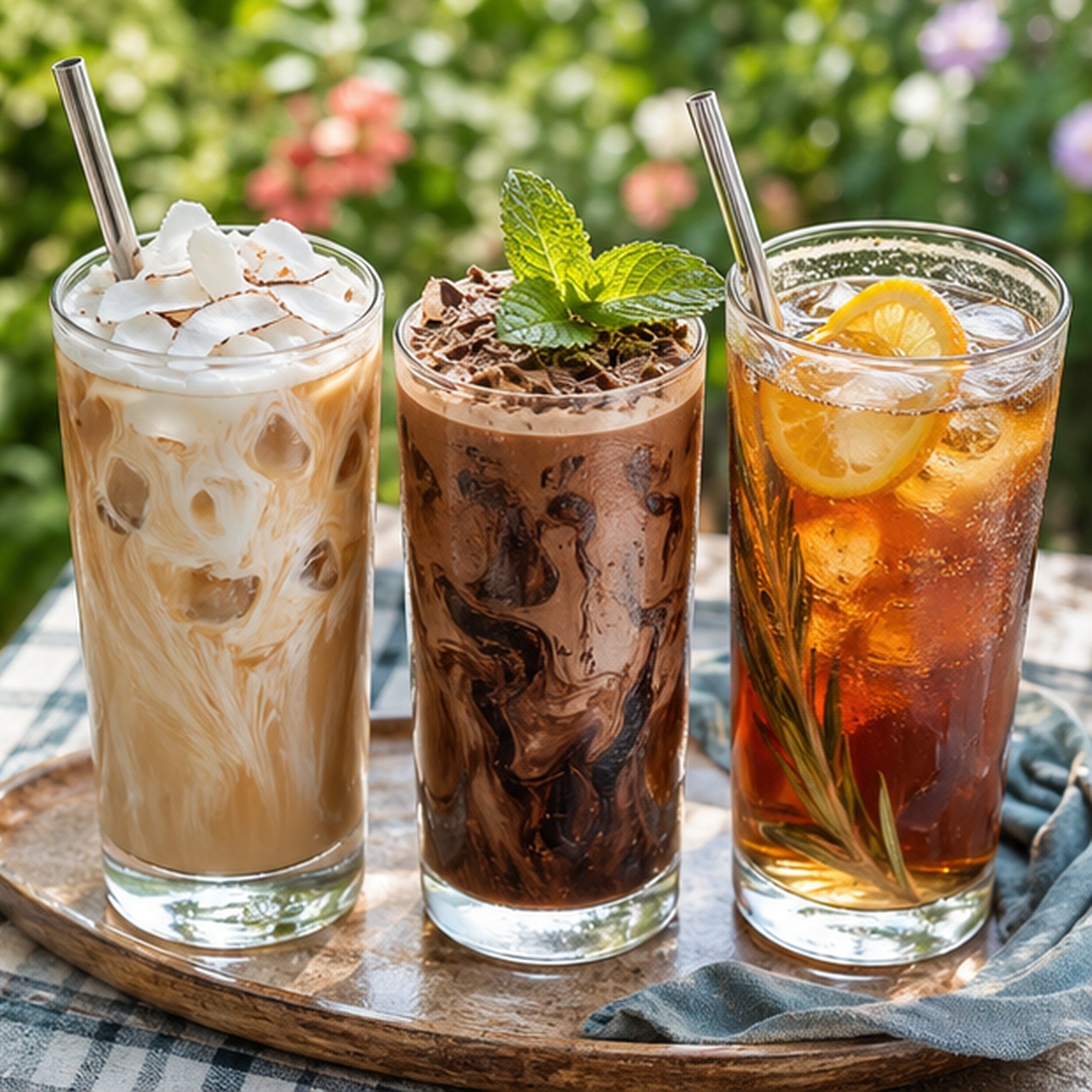 A tray of summer iced coffee drinks with cold brew, coconut milk, lavender, mint, and citrus