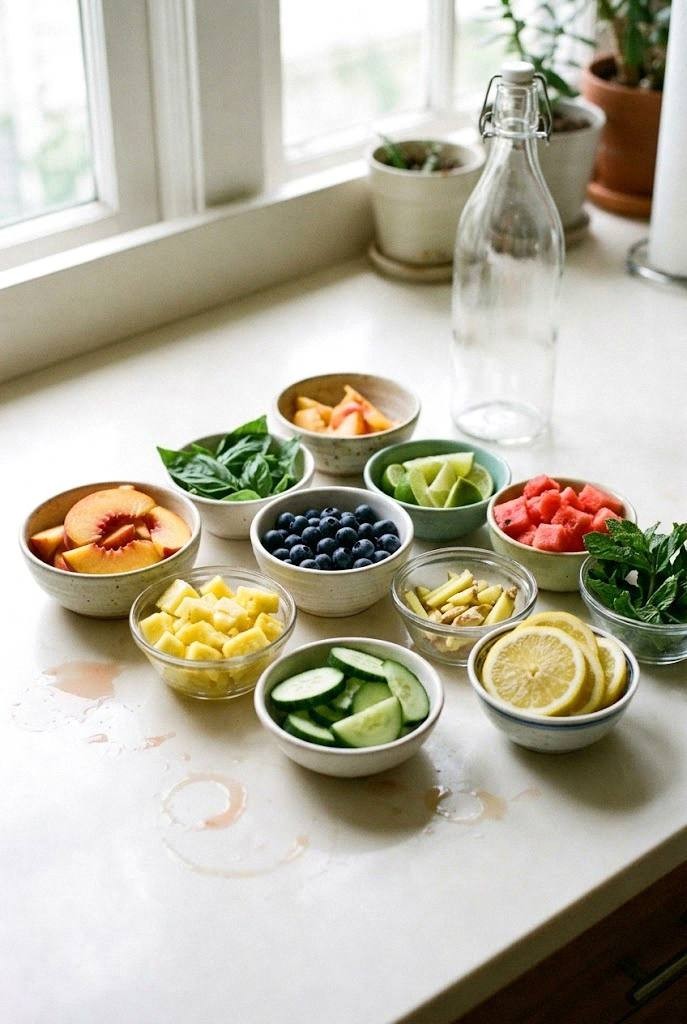 Summer kombucha flavor ingredients including peach, basil, blueberry, lime, watermelon, mint, pineapple, ginger, cucumber, and lemon