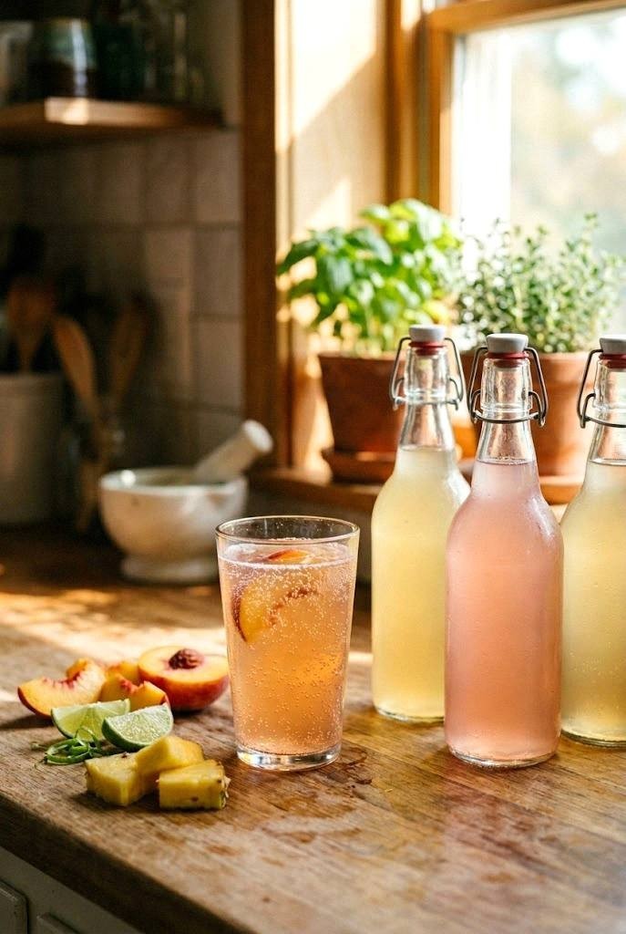 Finished summer kombucha bottles and a poured glass with pale fruit colors on a sunny kitchen counter