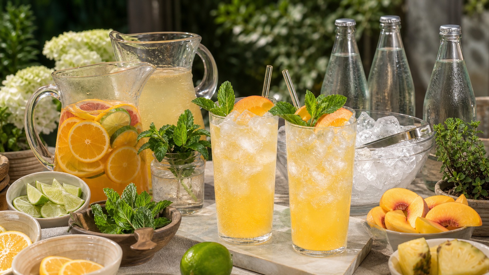 Summer mocktail bar with pitchers, fruit bowls, herbs, ice, and sparkling mixers on an outdoor table