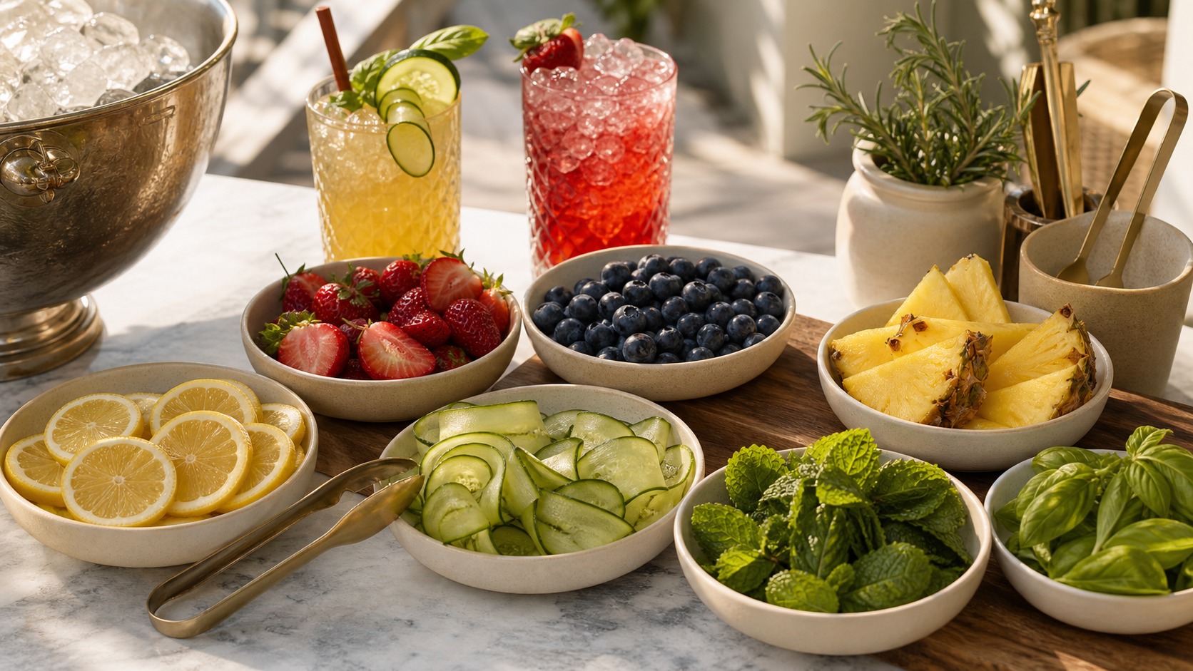 Bowls of citrus, berries, herbs, and cucumber ribbons arranged for a summer mocktail station