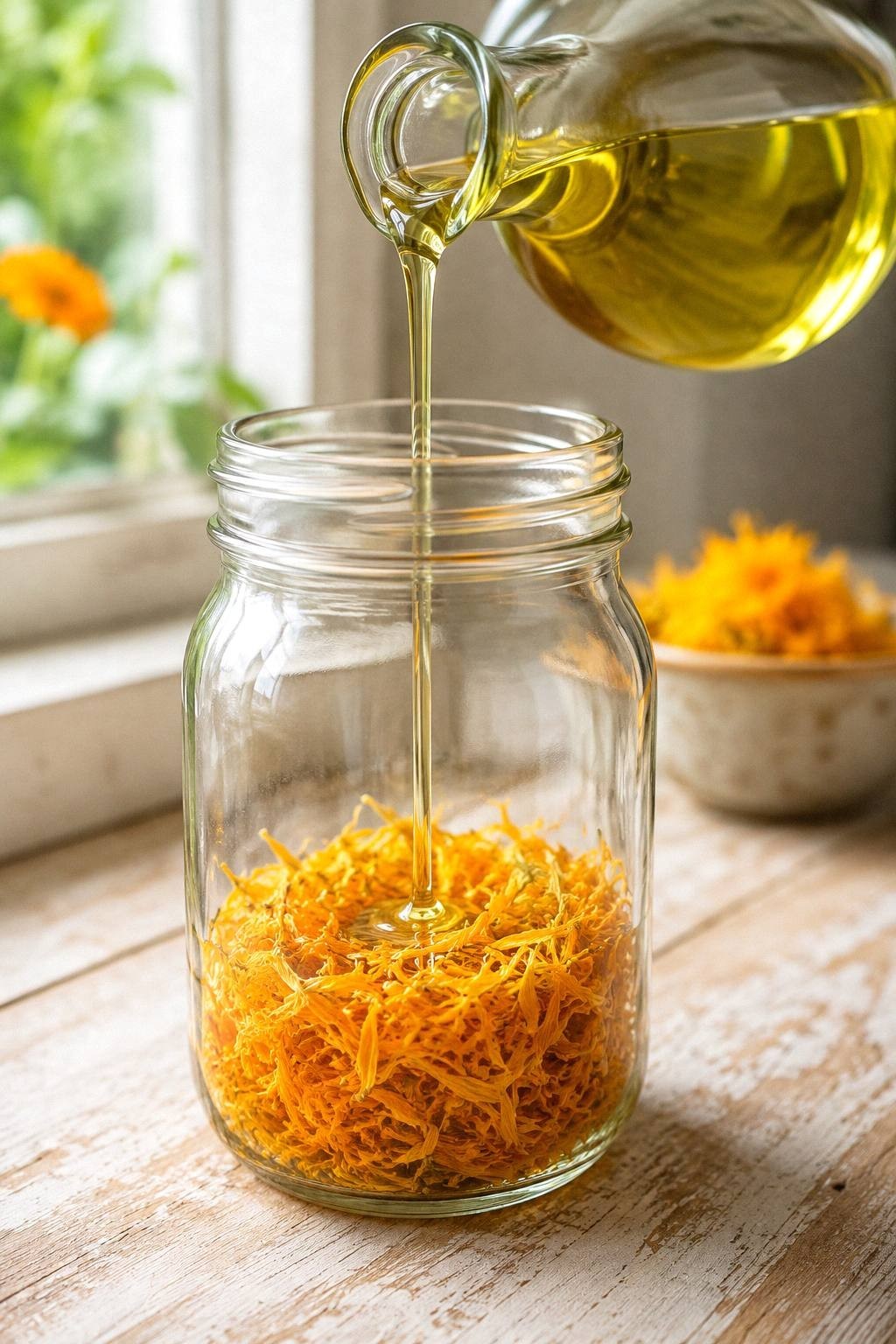 A pint glass jar one-third full of dried calendula petals with golden olive oil being poured over them on a wooden counter