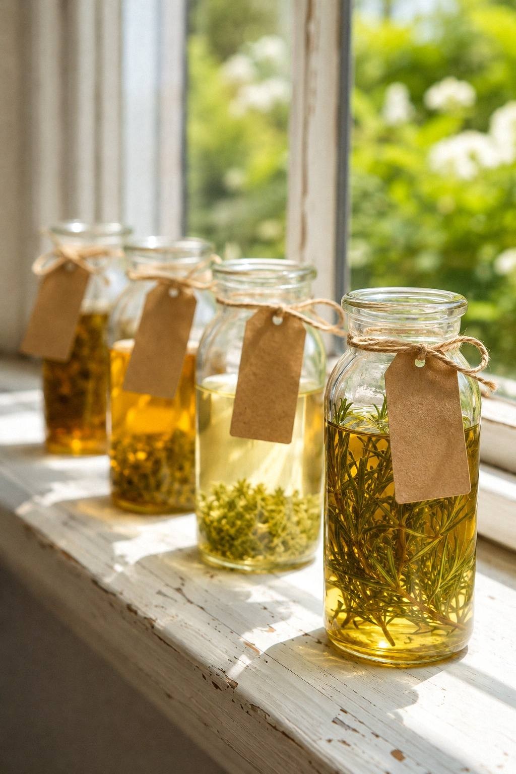 Three labeled pint jars of herb-infused oils in gold, pale green, and light yellow lined up on a bright sunny windowsill