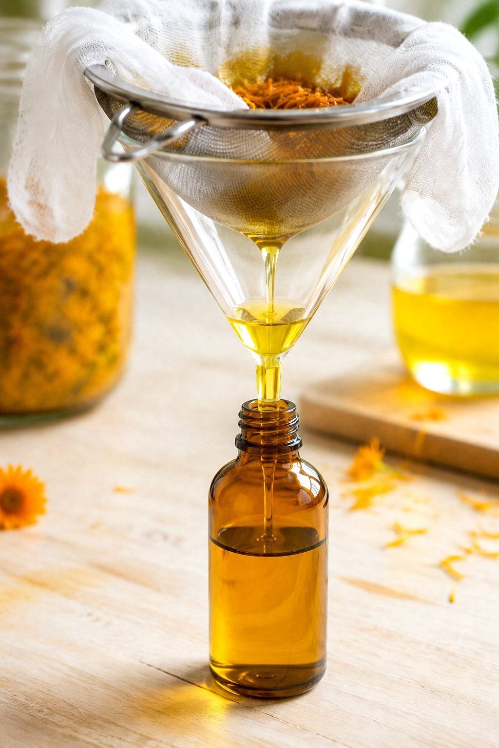 Golden calendula oil straining through cheesecloth in a strainer into a small amber glass bottle on a bright kitchen counter