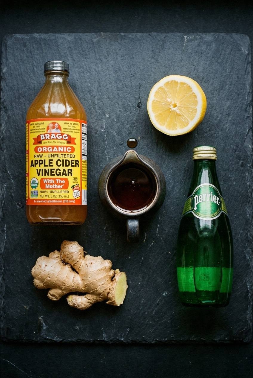 Raw ingredients for switchel recipe: apple cider vinegar, fresh ginger, maple syrup, and lemon on a dark slate surface