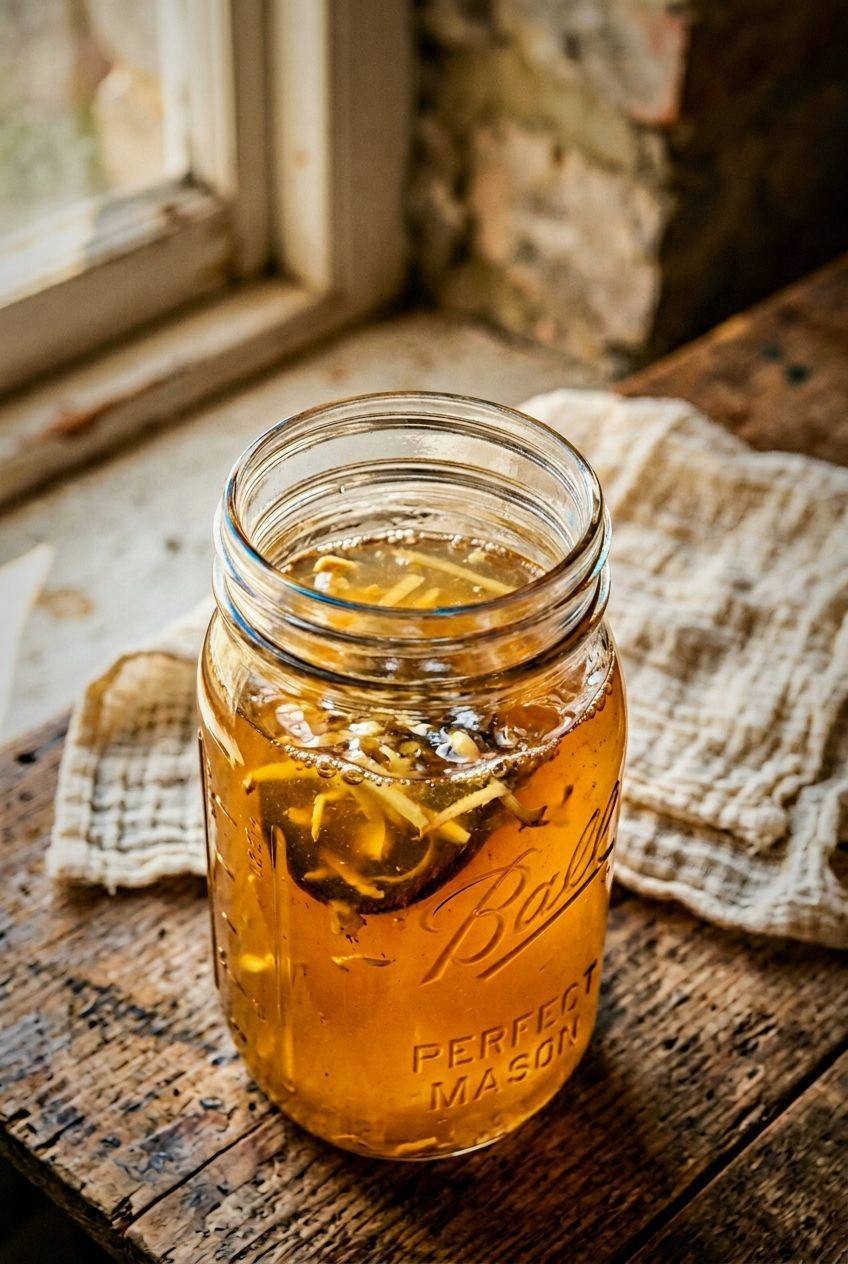 Mason jar of golden switchel concentrate being stirred with a wooden spoon