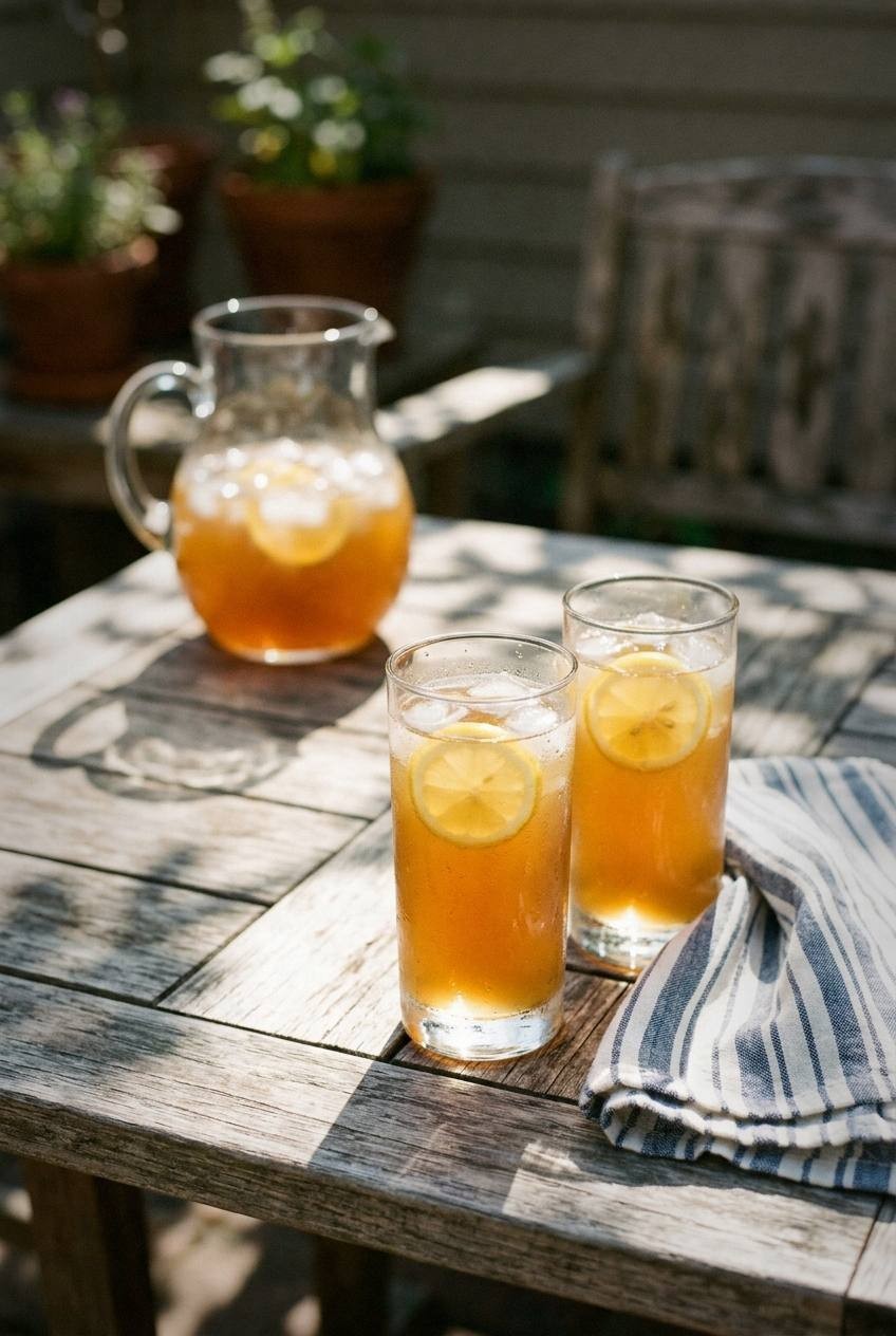 Two tall glasses of iced switchel on a sunny patio table with condensation on the glass and lemon wheels