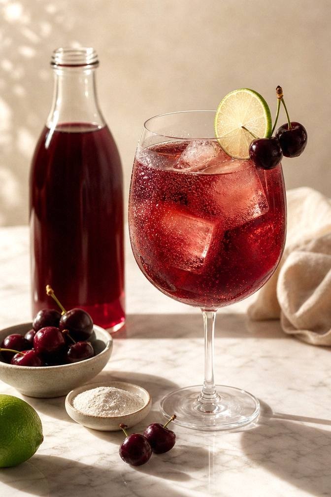A bottle of tart cherry juice, a small dish of magnesium powder, a lime, and fresh cherries on a surface under warm lamp light for a sleep mocktail