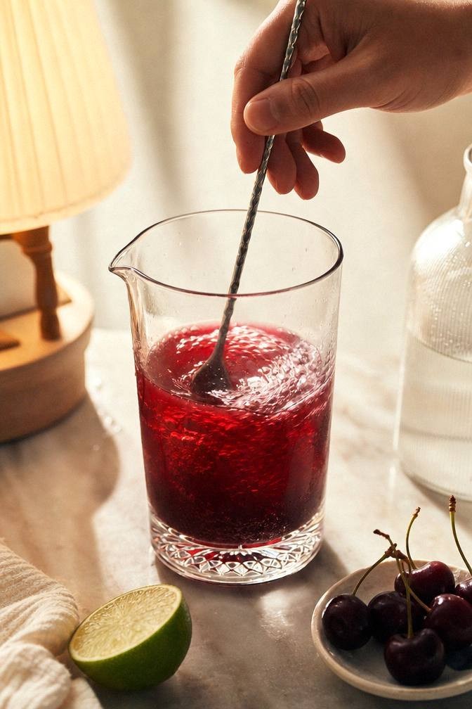 Deep ruby tart cherry juice with magnesium being stirred in a glass before topping with sparkling water for a sleepy girl mocktail