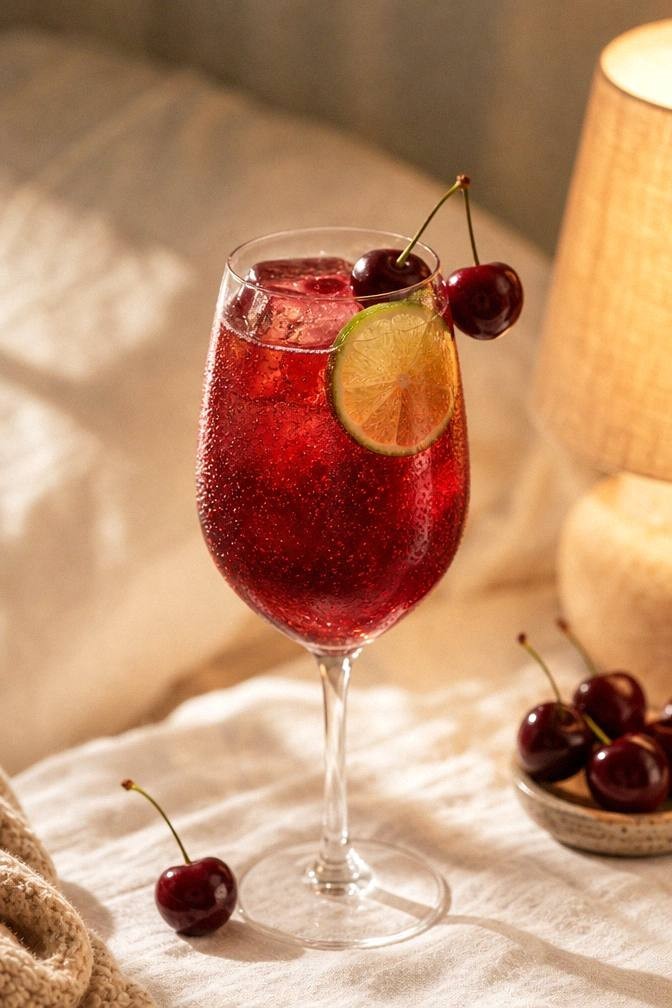 Finished deep ruby tart cherry magnesium sleep mocktail in a wine glass with a lime wheel and cherries under warm low lamp light