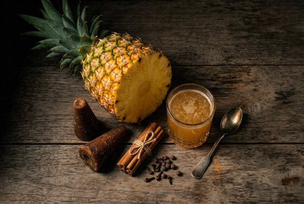 Fresh pineapple chunks with golden brown rinds in a clear glass jar, surrounded by cinnamon sticks and piloncillo sugar cones on a white marble countertop, natural light from the side