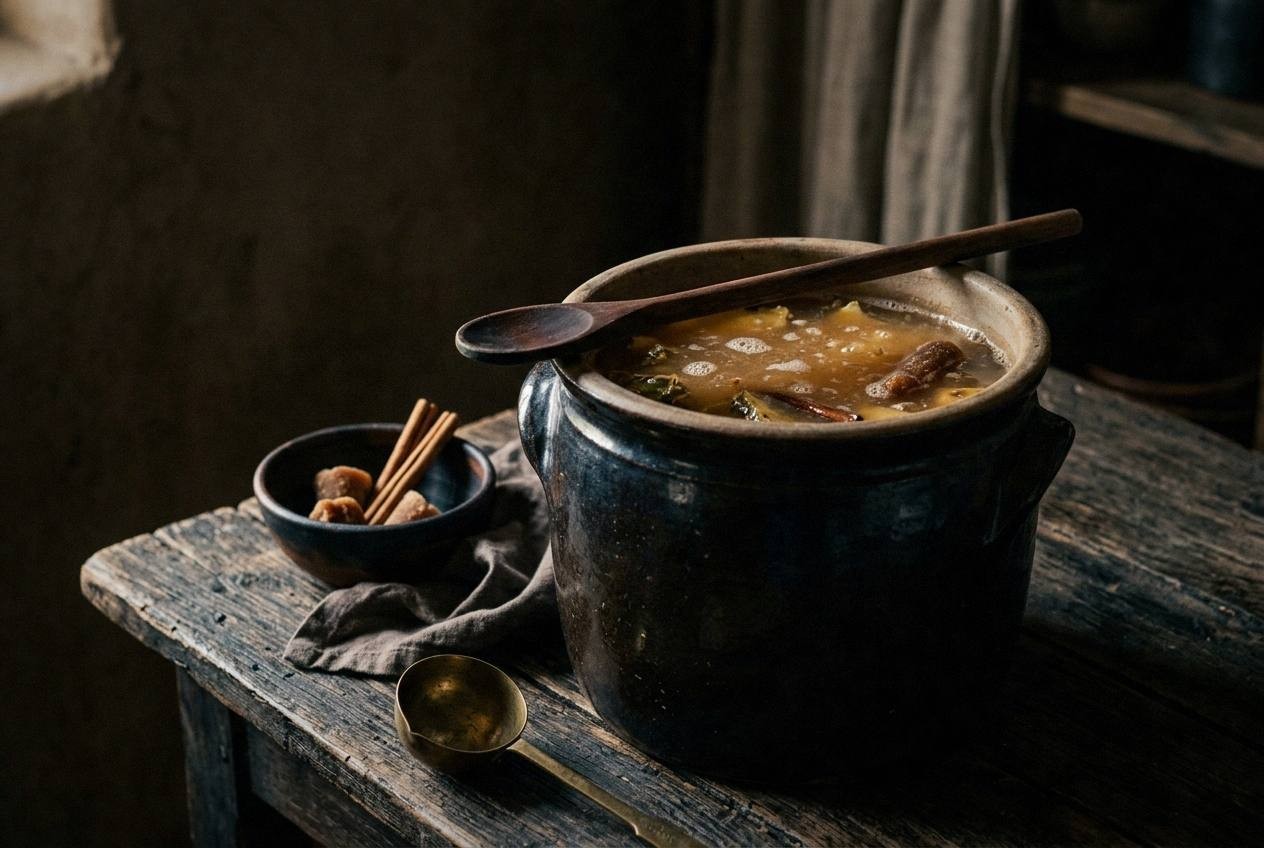 Glass jar of fermenting tepache with visible bubbles rising through golden liquid, pineapple chunks suspended in the middle, covered with white cheesecloth on a wooden kitchen counter