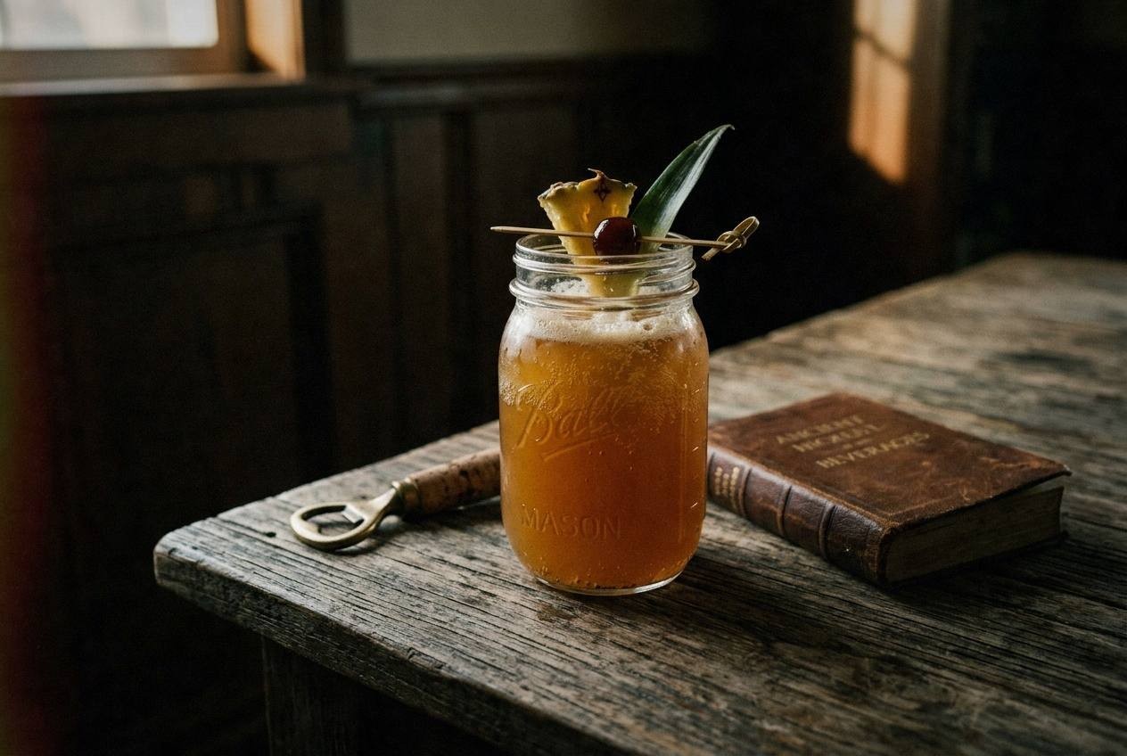 Two tall glasses of chilled tepache poured over ice cubes with fresh pineapple wedge garnish, condensation on the glass, bright spring sunlight through a kitchen window in the background