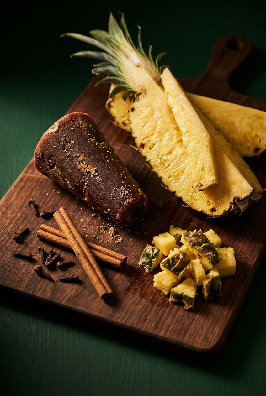 Fresh pineapple rinds and core with piloncillo cone, cinnamon sticks, and whole cloves arranged on wooden cutting board for making traditional Mexican tepache fermented drink
