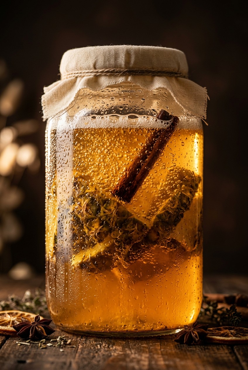 Glass jar filled with fermenting tepache showing active bubbles and pineapple rinds submerged in golden liquid with cinnamon sticks, probiotic fermented pineapple drink in progress