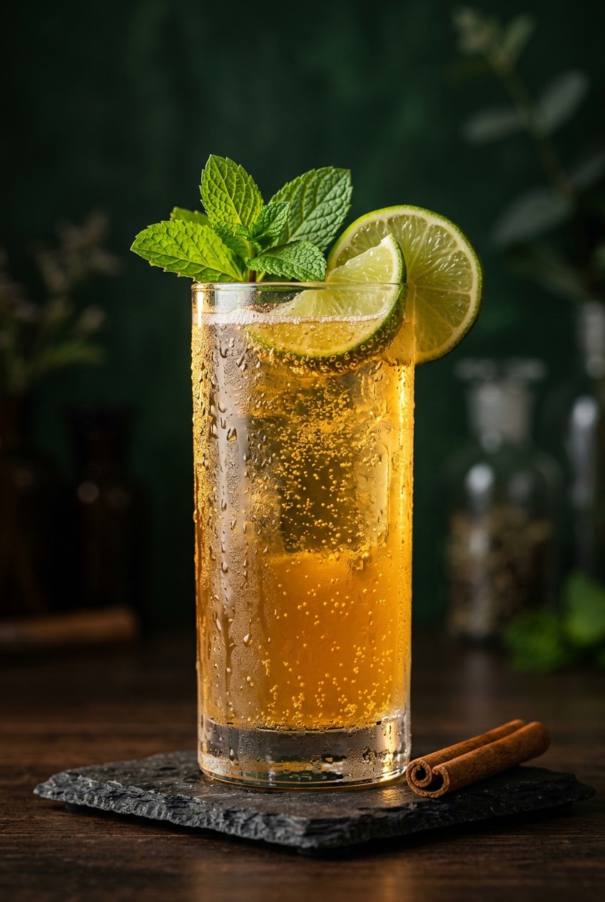 Chilled glass of homemade tepache fermented pineapple drink garnished with fresh mint and lime wedge, golden effervescent probiotic beverage for gut health