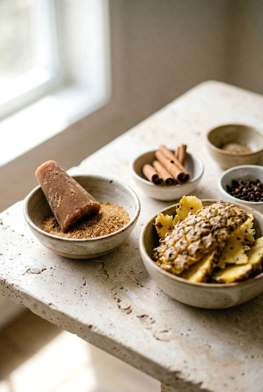 Piloncillo, brown sugar, and pineapple rinds arranged beside a glass jar for tepache