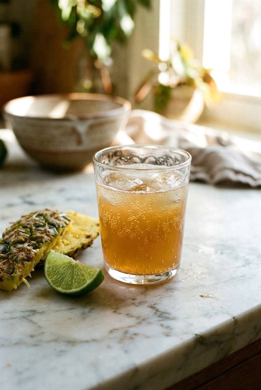 Golden tepache diluted with sparkling water and lime in a clear glass on pale marble