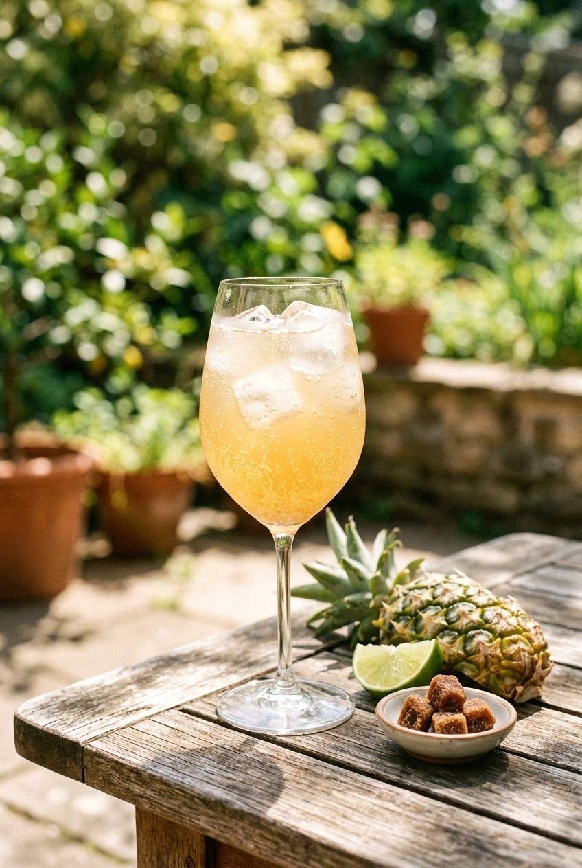 Finished low sweetness tepache spritz with lime and sparkling water beside pineapple rinds