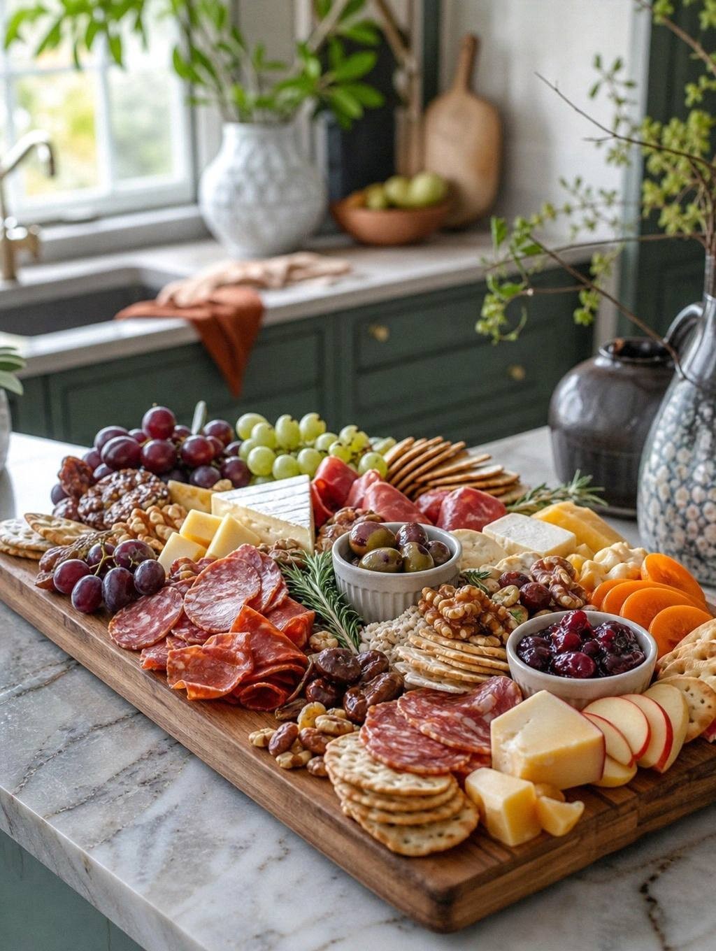 charcuterie board sitting on kitchen counter with thanksgiving dinner preparations visible in background