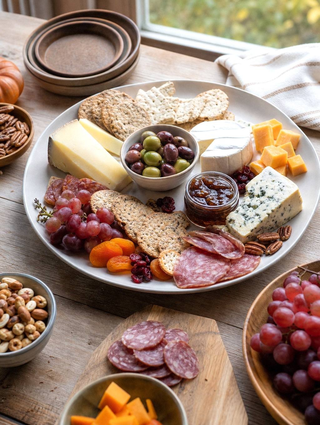 hands arranging cheese blocks, crackers, and fruit on large wooden platter before adding meats and garnishes