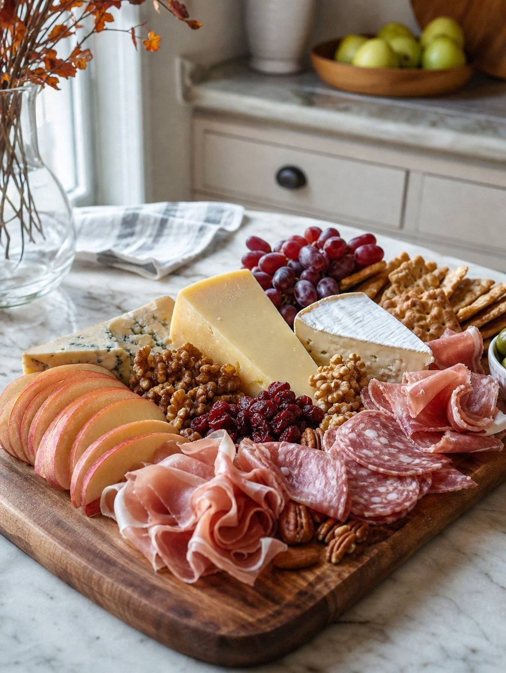 cheese wheel and sliced meats on counter at room temperature thirty minutes before serving time