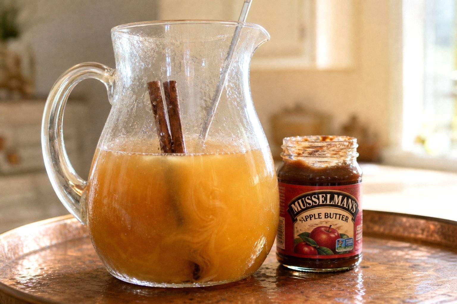 Apple cider being stirred with apple butter in a large glass pitcher