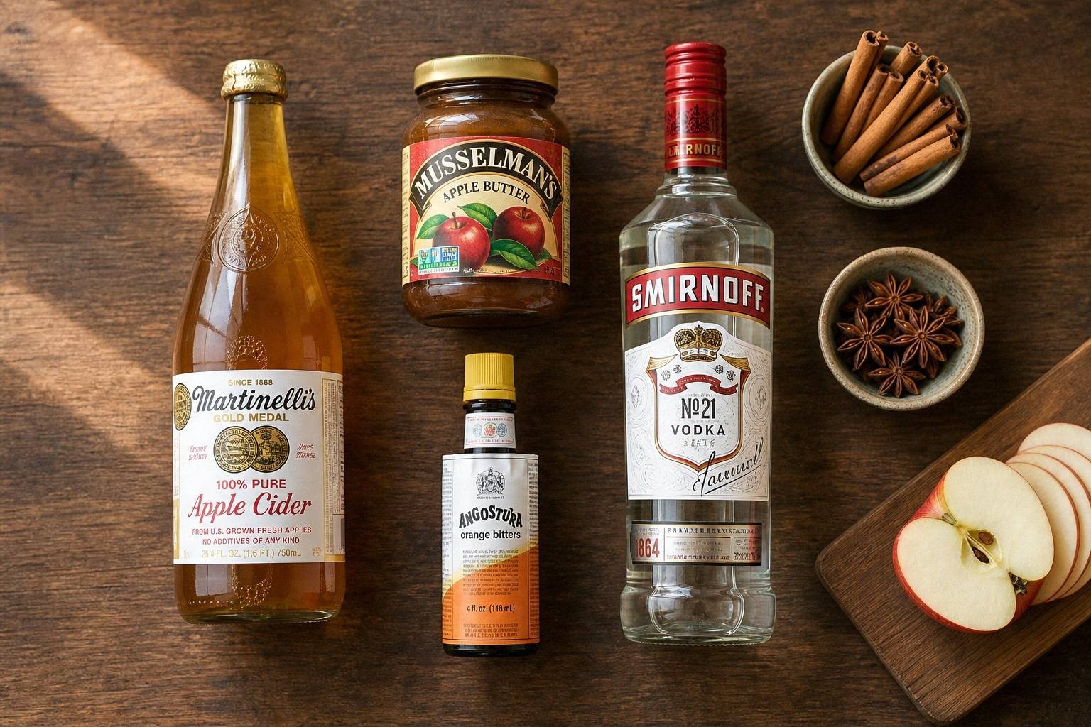 Apple cider, apple butter, orange bitters, cinnamon sticks, and star anise on a counter