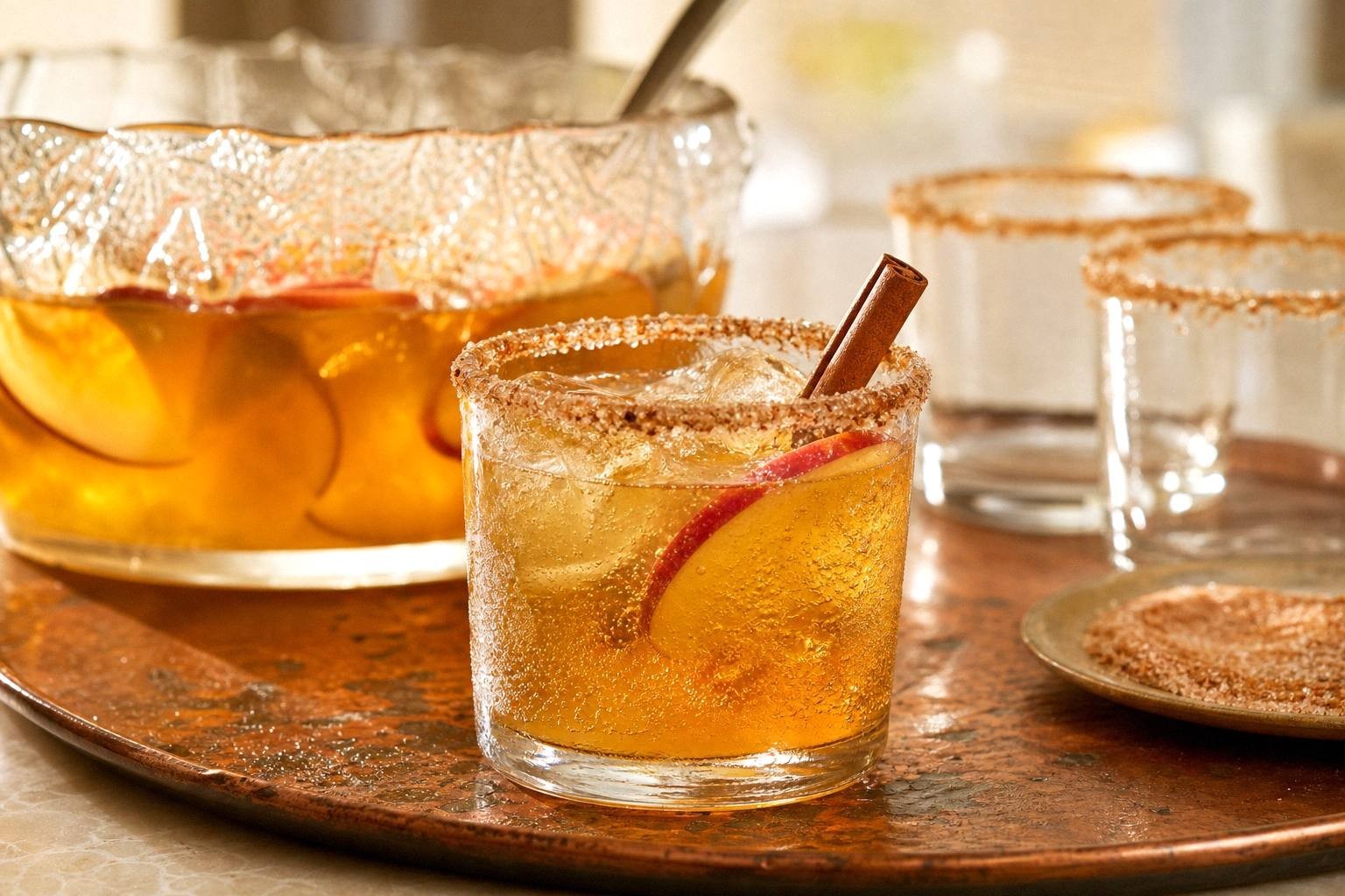A glass with a cinnamon sugar rim being filled from a punch bowl
