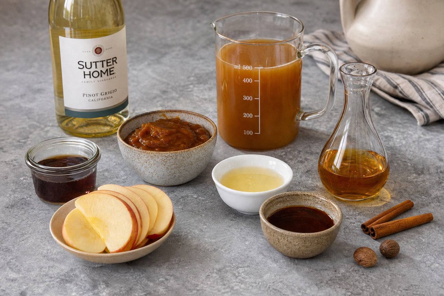 ingredients for white wine sangria measured in bowls and bottles on a counter with fresh fruit