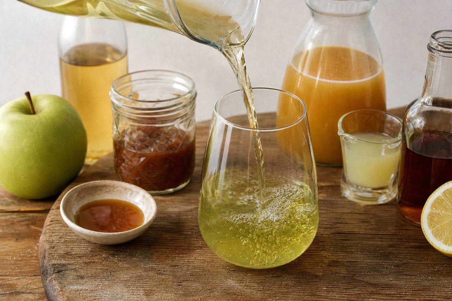 pouring white wine sangria from a pitcher into a glass filled with ice and fresh fruit