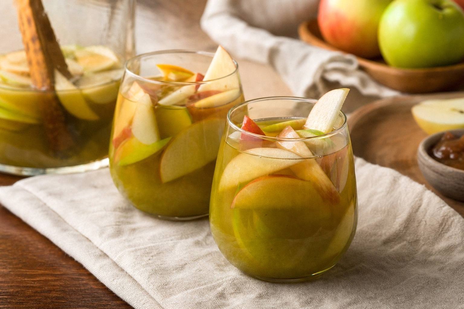 two glasses of white wine sangria on a table with cinnamon sticks and pomegranate garnish