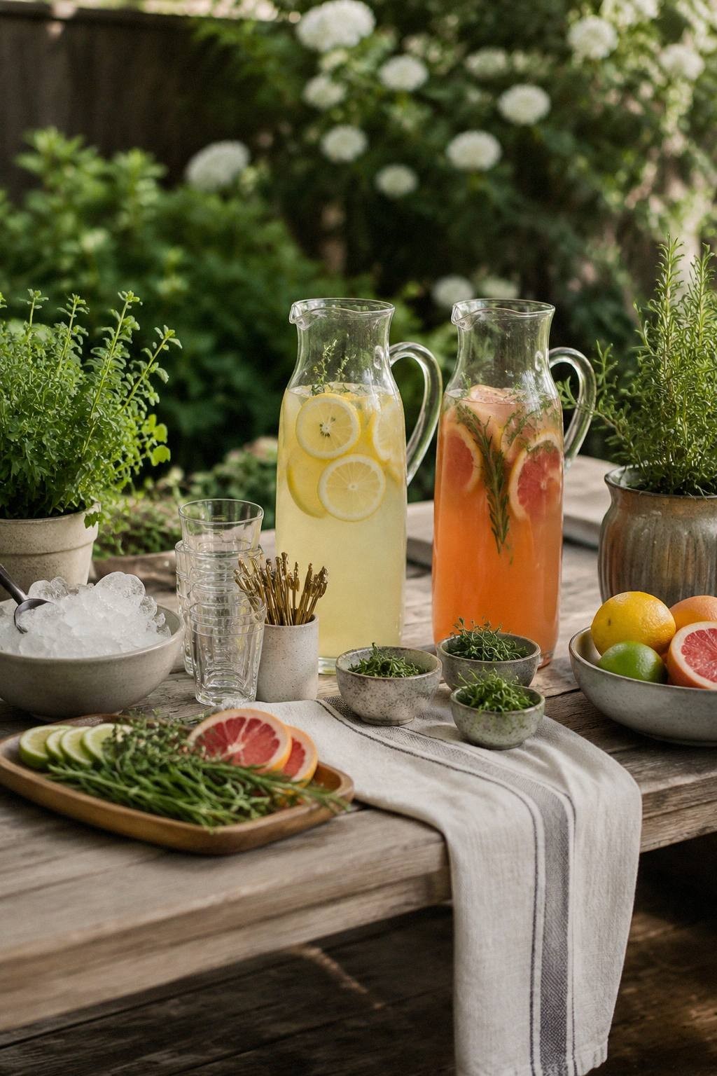 backyard drink station with two pitchers ice bowl citrus herbs cups labels and garnish tray on an outdoor table