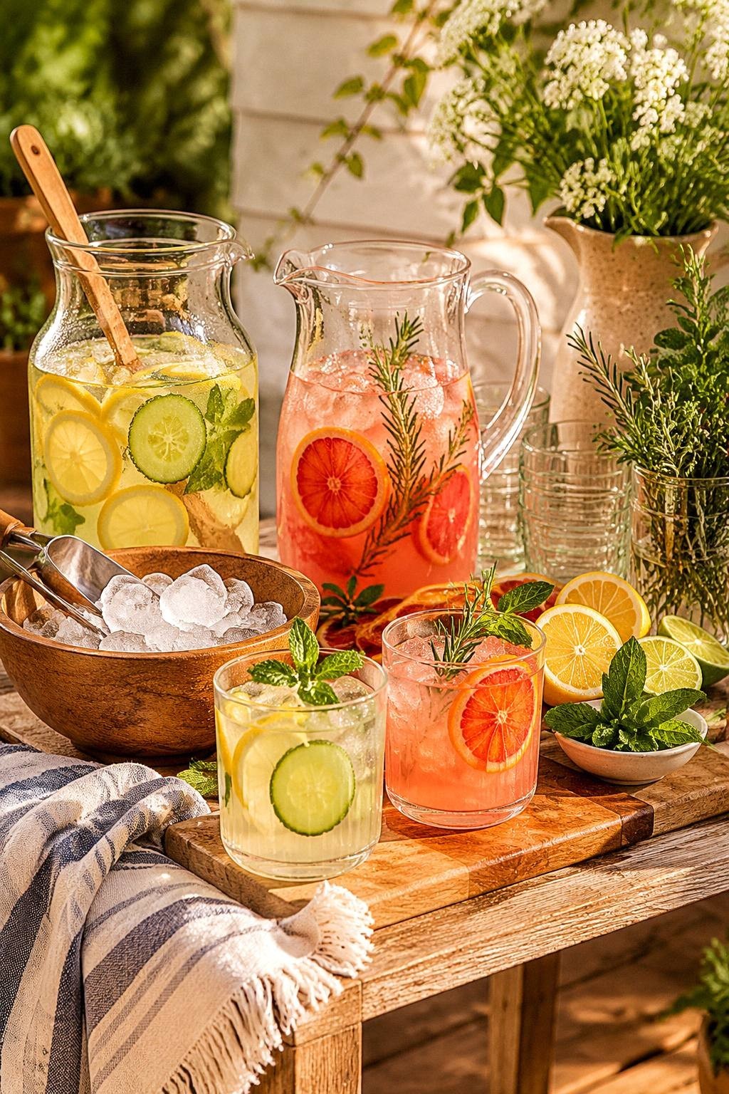 close up of backyard drink station garnish tray with lemon wheels lime wedges mint basil berries cucumber ribbons and small tongs