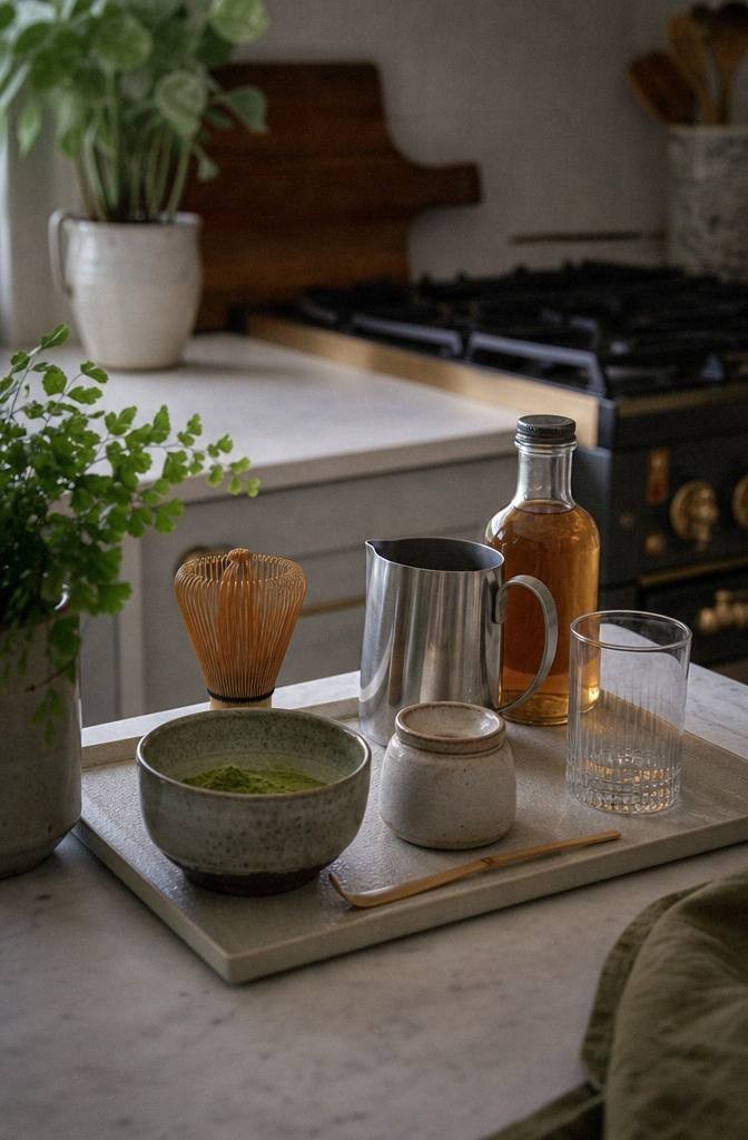 small at-home matcha bar setup with matcha tin bamboo whisk glass jar milk pitcher vanilla syrup and a plant on a kitchen tray