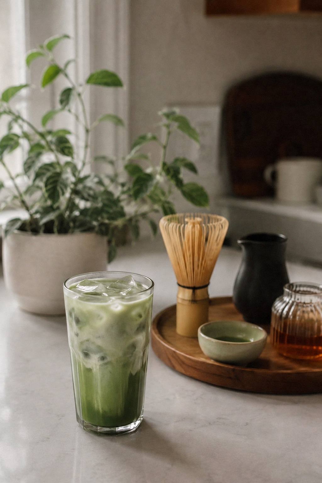 iced matcha latte setup with matcha whisk glass of green matcha milk syrup and small kitchen plant